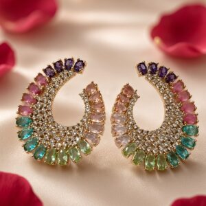 The Iris Rainbow Ombre Gemstone And Pavè Crescent Earrings-Gold Finish