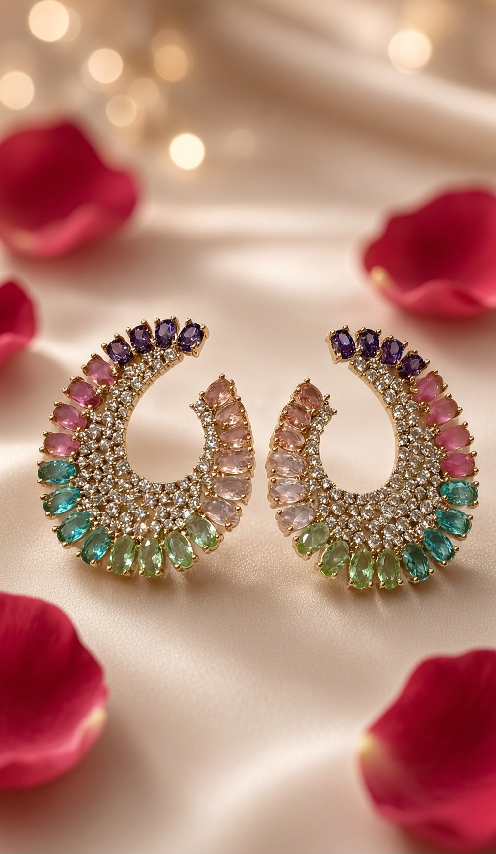 The Iris Rainbow Ombre Gemstone And Pavè Crescent Earrings-Gold Finish