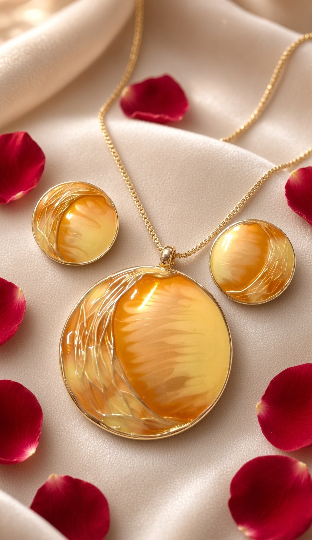 The Solistice Golden Amber Disc Pendant Set-Gold Finish