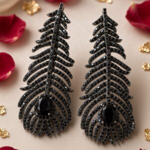 Noir Celestial Peacock Feather Black Earrings-Black Rhodium Finish