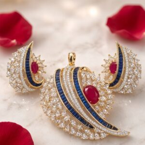 The Royal Eclipse Sapphire And Ruby Crescent Pendant Set-Gold Finish