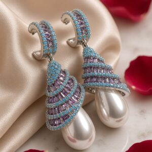 The Azure Violet Spiral Peral Drop Earrings- Platinum Finish