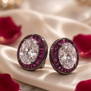 The Crimson Crown Oval Diamond-Style Ruby Baguette Halo Studs-Black Rhodium Finish