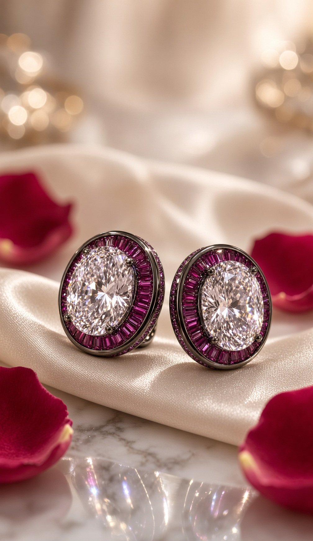 The Crimson Crown Oval Diamond-Style Ruby Baguette Halo Studs-Black Rhodium Finish