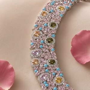 The Pink Sapphire And Turquoise Medallion Statement Wide Bracelet-Platinum Finish