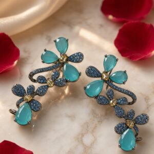 The Azure Blossom Turquoise And Pavè Floral Earcuff-Black Rhodium Finish