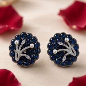 The Sapphire Blossom And Pearl Branch Studs-Black Rhodium Finish