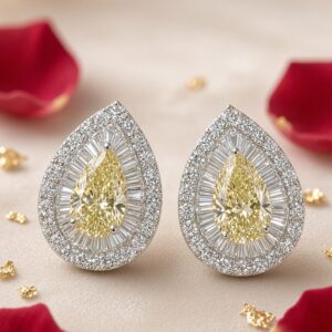 The Canary Elegant Pear Sunburst Baguette Teardrop Earrings-Platinum Finish