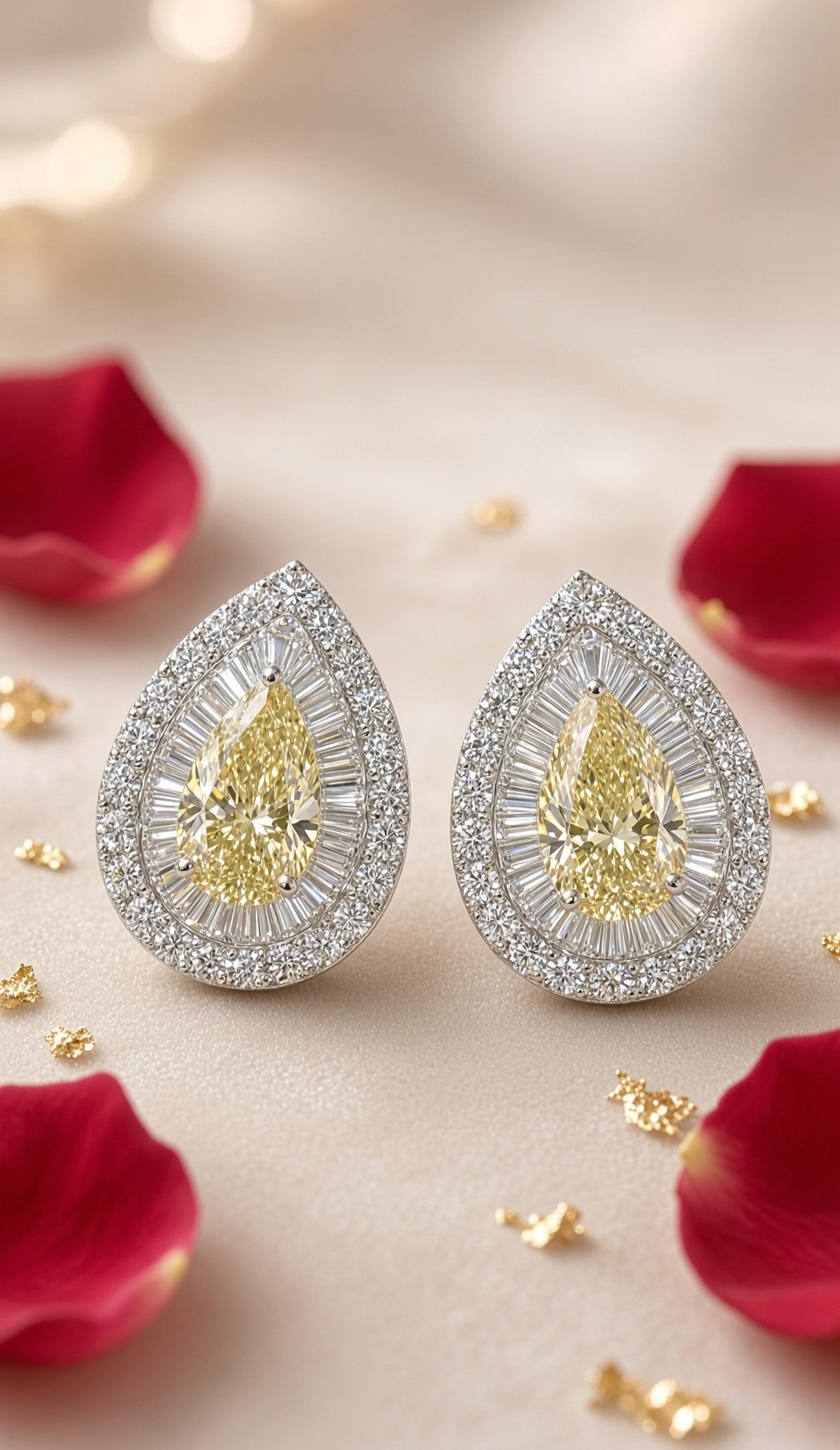 The Canary Elegant Pear Sunburst Baguette Teardrop Earrings-Platinum Finish