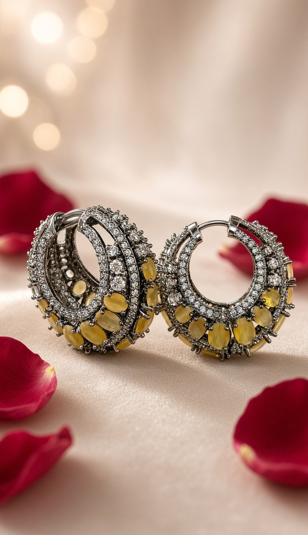 Solar Eclipse Golden Topaz And Pavè Hoops-Black Rhodium Finish