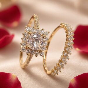 Aurelia Starburst Solitaire And Curved Pavè Double Ring-Gold Finish (Size.7,8)