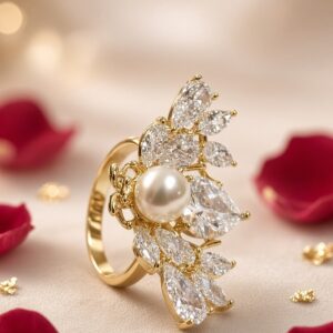 Elysian Honey bee Pearl And Marquise Wing Adjustable Ring-Gold Finish