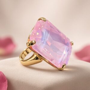 Blush Rose Quartz Faceted Cocktail Adjustable Ring-Gold Finish