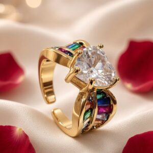 Spectrum Heart Multicolor Baguette Adjustable Ring-Gold Finish