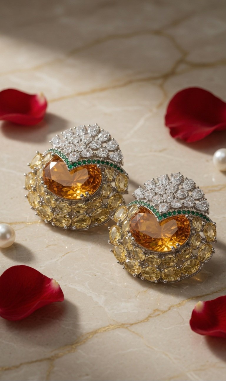 Majestic Solis Honey Citrine Pavè Studs-Platinum Finish