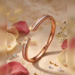 Zuri Pavè Border Channel-Set Baguette Hinged Kada Bracelet-Rose Gold Finish
