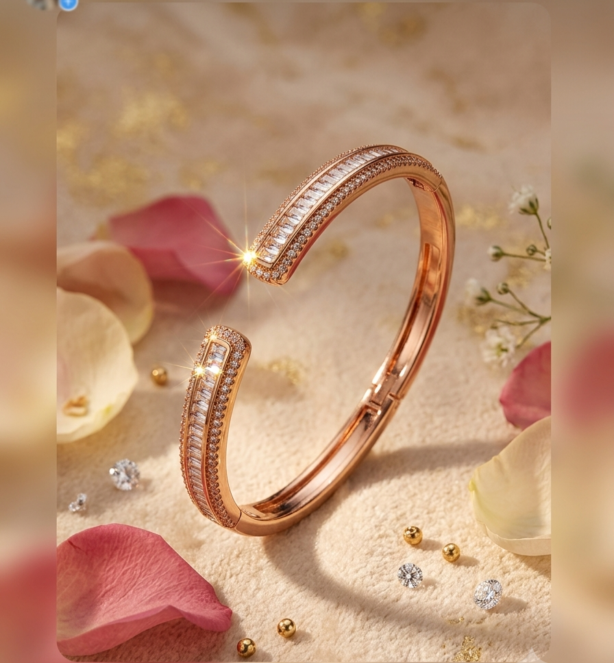 Zuri Pavè Border Channel-Set Baguette Hinged Kada Bracelet-Rose Gold Finish