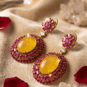 Solaria Oval Cabochon Drop Earrings With Marquise Ruby Floral Accent-Antique Finish