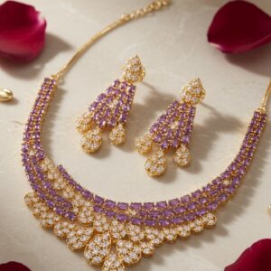 The Royal Amethyst Tiered Bridal Choker And Earrings Esemble-Gold Finish