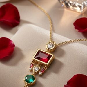 The Empress Art Deco Ruby And Emerald Pendant Chain-Gold Finish