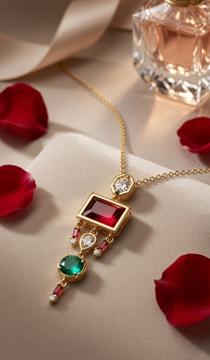 The Empress Art Deco Ruby And Emerald Pendant Chain-Gold Finish