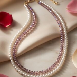 The Amoret Amethyst Crystal And Peral Double-Strand Necklace-Gold Finish