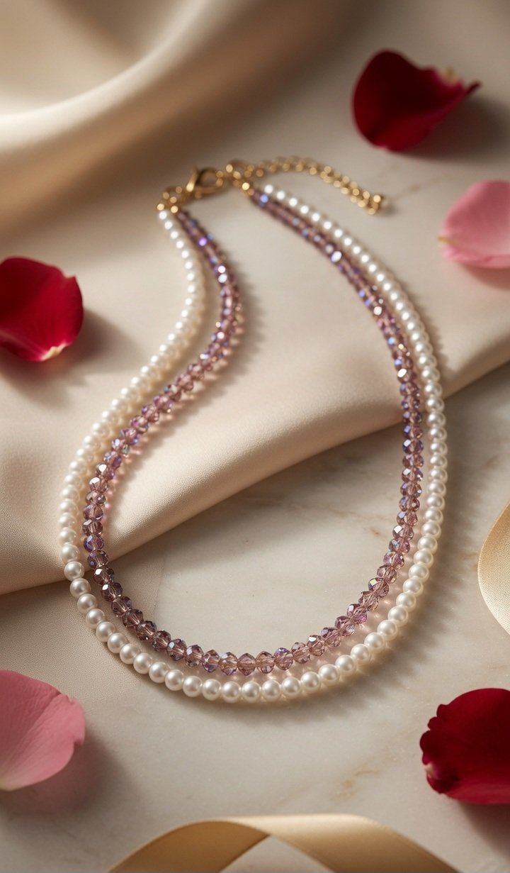The Amoret Amethyst Crystal And Peral Double-Strand Necklace-Gold Finish
