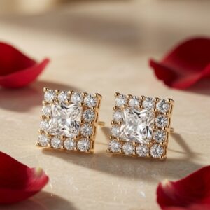 Valentina Geometric Cushion- Square Halo Miniature Studs-Gold Finish