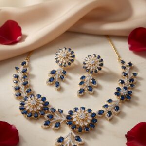 Imperial Midnight Blue Zirconia Floral Vine Choker Set-Gold Finish