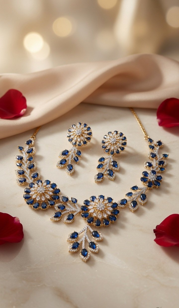 Imperial Midnight Blue Zirconia Floral Vine Choker Set-Gold Finish