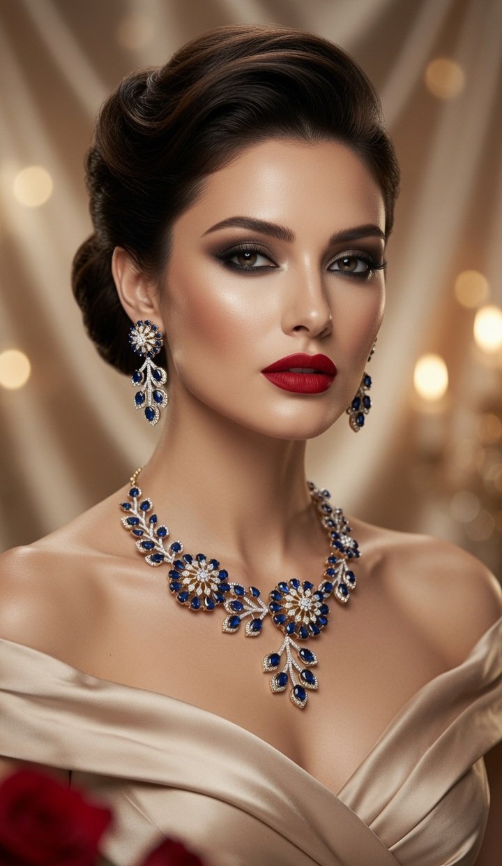 Imperial Midnight Blue Zirconia Floral Vine Choker Set-Gold Finish - Image 2