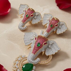 Regal Gajraj Pavè Heritage Ruby And Emerald Elephant Pendant Set-Gold Finish