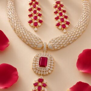 The Imperial Scarlet Maharani Geometric Ruby Red Cz Zirconia Choker Set-Gold Finish