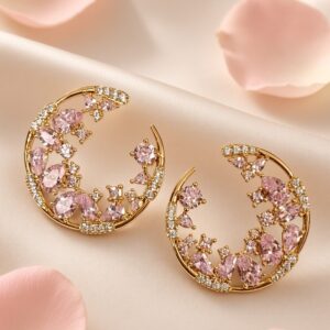 The Blush Rose Crescent Pink Tourmaline Open Circle Earrings-Gold Finish