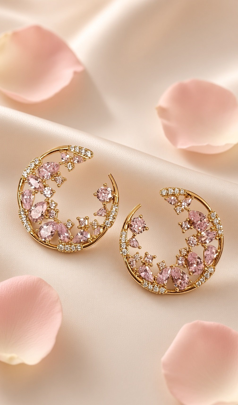The Blush Rose Crescent Pink Tourmaline Open Circle Earrings-Gold Finish