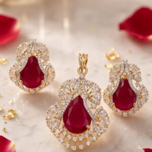 The Sovereign Crimson Ruby Pear-Cut Pendant Set-Gold Finish