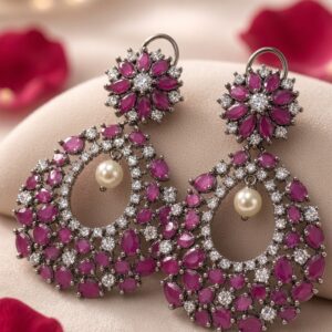Empress Floral Ruby Cluster And Peral Chandbali Earrings-Black Rhodium Finish