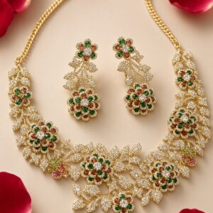 The Royal Botanical Flora Cubic Zirconia Necklace Set-Gold Finish