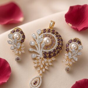The Empress Garnet And Pearl Botanical Pendant Set-Gold Finish