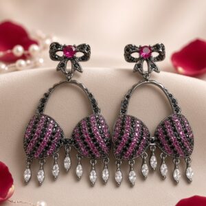 Gothic Glamour Pink And Black Beach Wear Bralet Earrings- Black Rhodium Finish