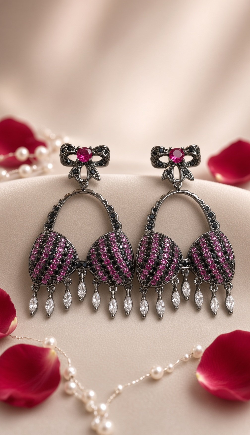 Gothic Glamour Pink And Black Beach Wear Bralet Earrings- Black Rhodium Finish