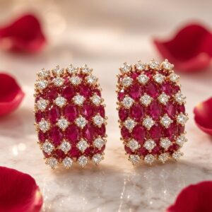 The Imperial Crimson Ruby And Diamond-Style Grid Studs-Gold Finish