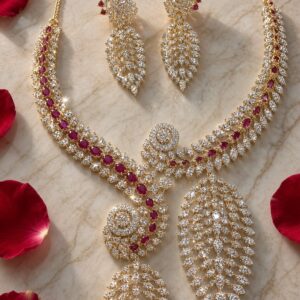 Ethereal Rose Ruby And Diamond Leaf Drop Necklace-Gold Finish
