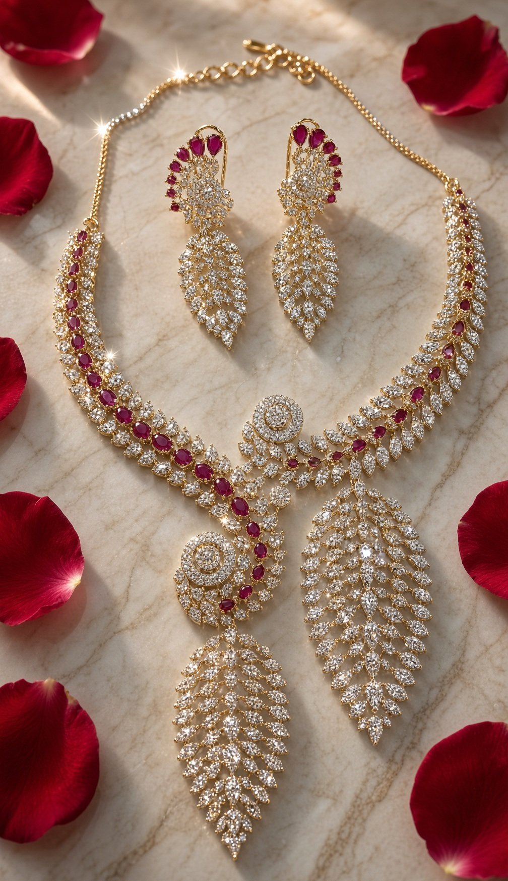 Ethereal Rose Ruby And Diamond Leaf Drop Necklace-Gold Finish
