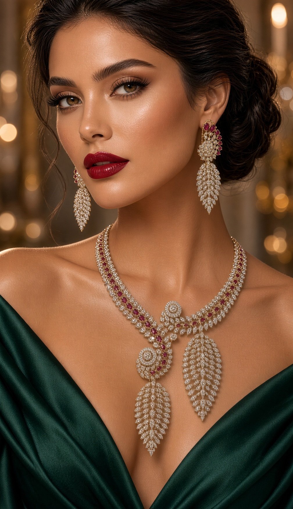 Ethereal Rose Ruby And Diamond Leaf Drop Necklace-Gold Finish - Image 2