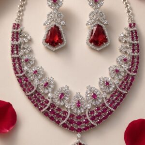 Elysian Ruby Shield Drop And Floral Halo Choker Set-Platinum Finish