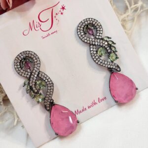 Mystic Pink Doublet With Olive Cz Dangler Earrings- Black Finish