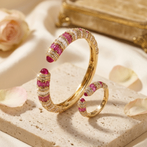 The Cleo Ribbed Torque Ruby And Baguette Diamond-Style Channel-Set Kada Bracelet With Ring-Gold Finish