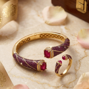 The Cleopatra Suite Ruby Pavè Open Torque Kada Bracelet Set With Ring-Gold Finish