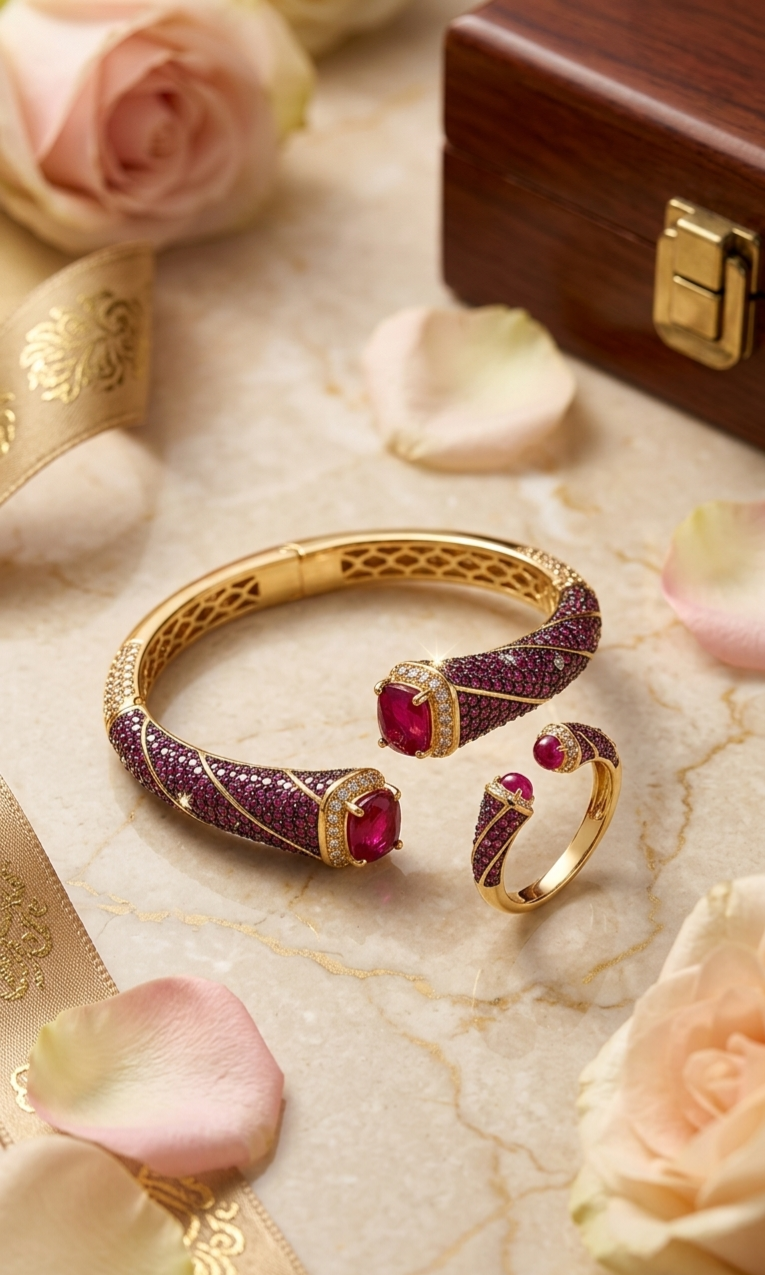 The Cleopatra Suite Ruby Pavè Open Torque Kada Bracelet Set With Ring-Gold Finish